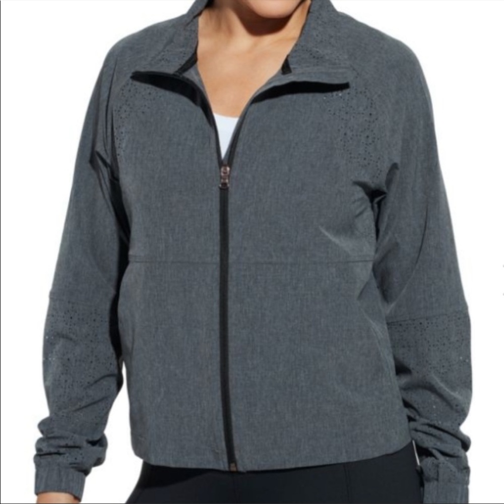 Calia by Carrie Underwood Woven Full Zip Jacket Caviar Heather Size Medium